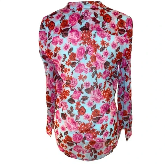 Kut from the Kloth Sheer Floral Long Sleeve V-Neck Button-Down Shirt - Picture 2 of 7